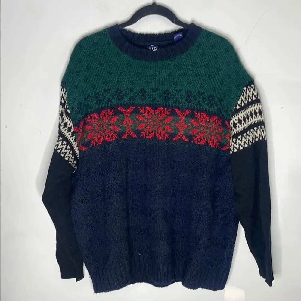 GAP Vintage Holiday Sweater Shetland Wool with Snowflake Pattern Size Large